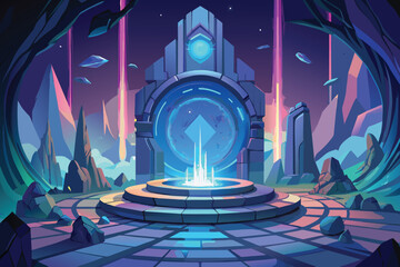 Futuristic Glowing Portal Connect Realms. Magic circle teleport podium with hologram effect. Magic gate in game fantasy. Vector illustration