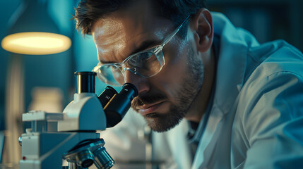 Scientist working with a microscope in a laboratory. Research and development concept. Healthcare and medical science