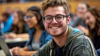 A cheerful college student in a classroom, engaged during a lecture, looking directly at the camera.