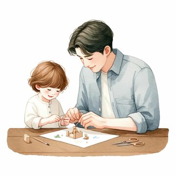 Father and child building or crafting together. watercolor illustration, Happy fathers day card, Dad teaching kids work with nails and hammer isolated on white background. 