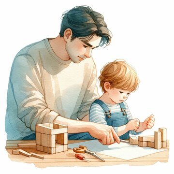 Father and child building or crafting together. watercolor illustration, Happy fathers day card, Dad teaching kids work with nails and hammer isolated on white background. 