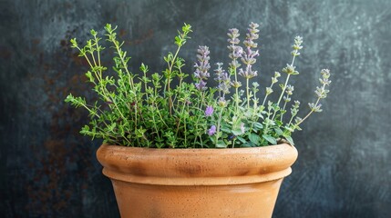 A vibrant potted plant with purple flowers blooming in full glory