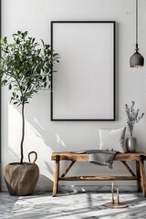 Blank cozy black picture frame mockup on the wall with interior living room design and green plant decoration