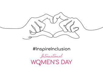 International Women's Day 2024 campaign theme 'Inspire Inclusion' poster. One continuous line drawing, outline fingers heart shape woman sign. 8 march, IWD, women's history month celebration. Vector 