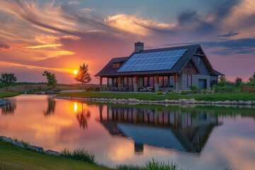 Fototapeta premium a house with solar panels on the background of a meadow and a pond