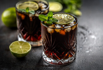 Tropical alcoholic cocktail Cuba Libre composed of white rum, cola, ice cubes, lime and mint - 752844145