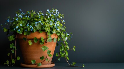 A serene scene of a potted plant with vibrant blue flowers resting on a table