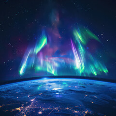 Capturing the Northern Lights over Earth, with vibrant green and purple lights dancing across the...