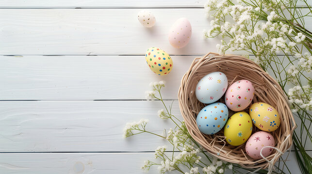 Fröhliche Ostern! Bunte Eier, süße Nestchen, malerische Dekorationen schmücken den Frühlingstisch. Familien feiern zusammen, inmitten von Liebe, Freude und Spaß