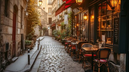 Historic Parisian street lined with cafe terraces, offering a charming city view. - obrazy, fototapety, plakaty