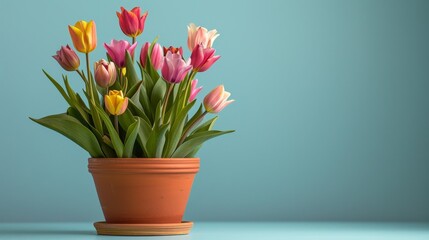 A vibrant potted plant bursting with colorful tulips in full bloom