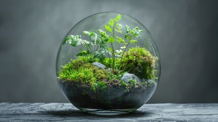 A glass bowl overflows with vibrant plants and colorful rocks, creating a peaceful oasis - obrazy, fototapety, plakaty