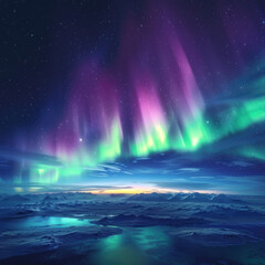 Capturing the Northern Lights over Earth, with vibrant green and purple lights dancing across the night sky
