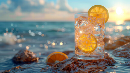Cold drink with ice and a slice of lemon on the beach on a hot summer day. - Powered by Adobe