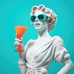 Greek woman statue wearing colorful sunglasses, wearing sun hat, drink juice coctai