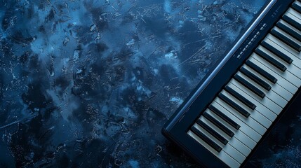 A grand piano elegantly rests atop a vibrant blue surface - obrazy, fototapety, plakaty