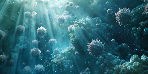 Underwater background with various sea views of cancer molecules cells in Underwater scene background  - obrazy, fototapety, plakaty