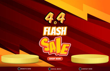 4.4 flash sale discount template banner with blank space 3d podium for product sale with abstract gradient red and orange background design