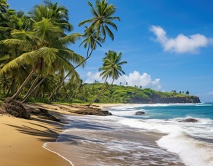 A beach with a palm tree line and a wave crashing on the shore. Generative AI.