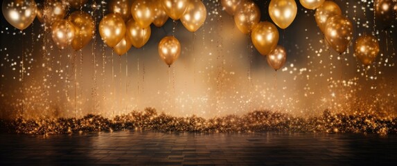 Golden balloons floating in the air with a black background. Generative AI.
