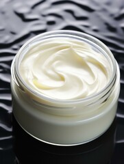 A jar of cream sitting on top of a black surface. Generative AI.
