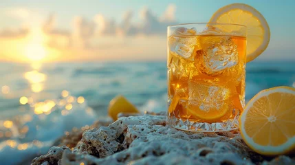 Fototapeten Cold drink with ice and a slice of lemon on the beach on a hot summer day. © Matthew