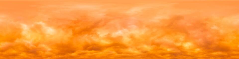 Dramatic overcast sky panorama with glowing golden orange clouds. HDR 360 seamless spherical...