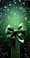 A green bow with a green ribbon on a green background. Generative AI.