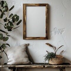 Vertical warm color empty wooden picture frame mock up on the wall