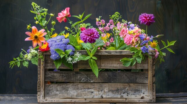 A wooden box overflows with vibrant, colorful flowers in a magical display