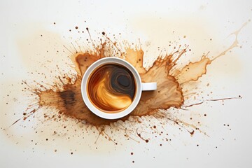 Espresso coffee cup with coffee spilled on a white table. Generated with AI
