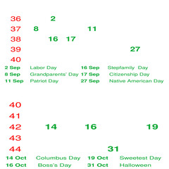 September - October 2024 Holidays Date Calendar with Week Numbers
