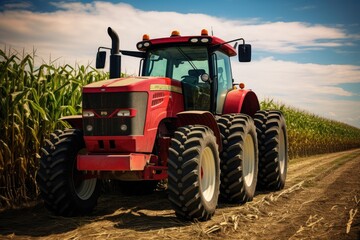 A big tractor in corn field, combine harvester harvests ripe, Big powerful industrial combine harvester machine reaping golden ripe wheat, Ai generated