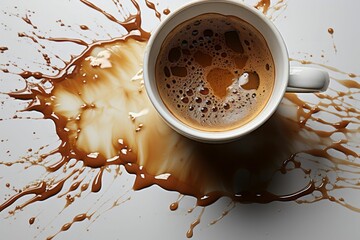 Espresso coffee cup with coffee spilled on a white table. Generated with AI