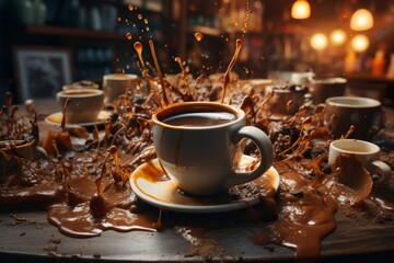 A cup of hot black coffee. Coffee explosion. Generated with AI