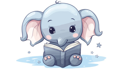 Cute elephant reading a book. Animal cartoon concept