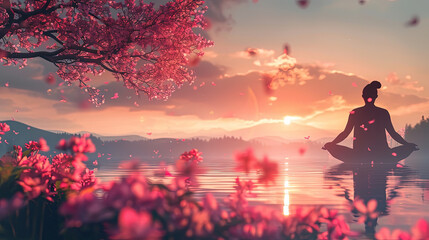 Fototapeta premium A person is seated in a meditative lotus position on the calm surface of a body of water, displaying a serene and focused demeanor