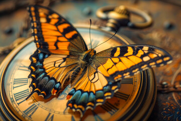 Butterfly perched on an antique pocket watch wings spread in a display of natures fleeting moments