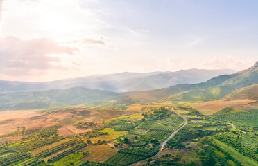 rustic landscape view of rural green valley in mountain hills with farms and gardens