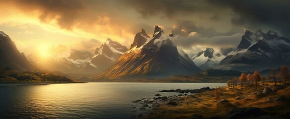 A beautiful landscape with mountains and water in the background. Generative AI.