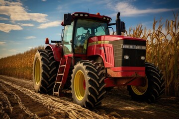 Obraz premium A big tractor in corn field, combine harvester working in wheat field, An agricultural tractor cultivates the land, Ai generated