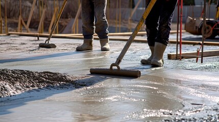 Fototapeta premium Builders are laying the foundation for a house. House, smoothing, shoes, foreman, shovel, foundation, construction, cement, concrete, brick, fittings, basement, mortar. Generated by AI