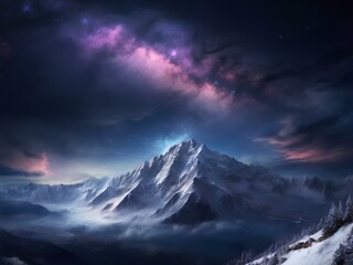 Fototapeta na wymiar AI generate image of a mountain view with a beautiful aurora sky