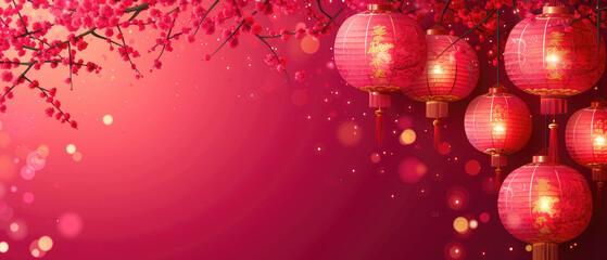 Landscape view happy Chinese new year with light lantern and Peony flower background bannner copy space area