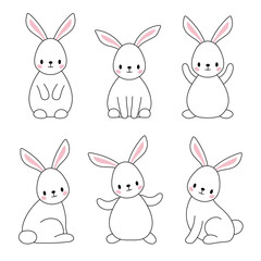 Set of cute, stylized rabbits. Easter bunnies in different poses linear drawing. - 752846961