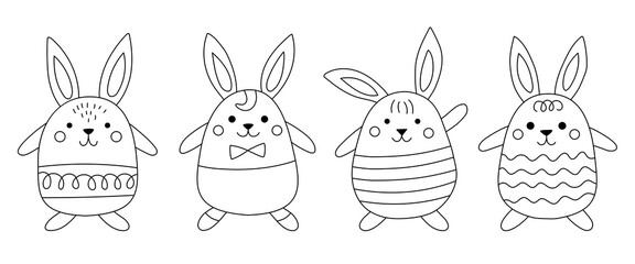 Set of cute, stylized rabbits. Easter bunnies in different poses linear drawing. - 752846978