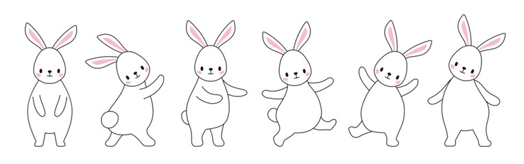 Set of cute, stylized rabbits. Easter bunnies in different poses linear drawing. - 752846996