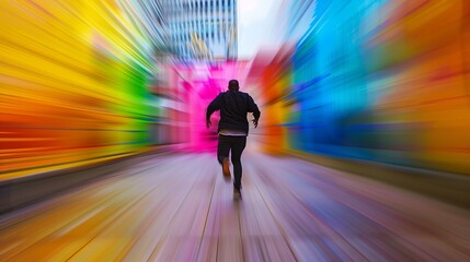 A man runs away from the camera. Vibrant colors. The environment is in motion blur.
