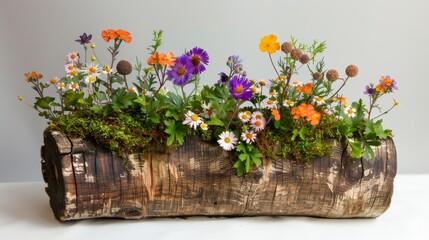 A wooden planter overflowing with vibrant flowers rests atop a table