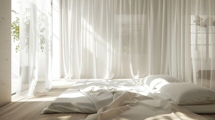 A contemporary bedroom adorned with ethereal curtains that diffuse the sunlight, casting a soft, peaceful glow over the minimalist space.
